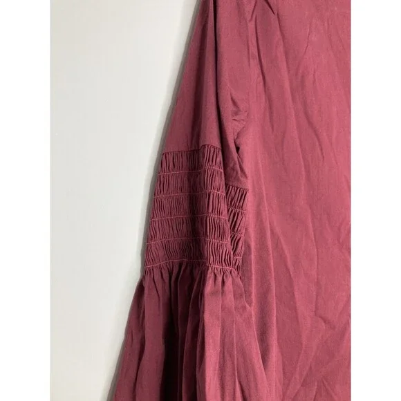 Catherine Malandrino Top Women Medium Smocked Flare Bell Sleeves Burgundy Blouse - Picture 5 of 7